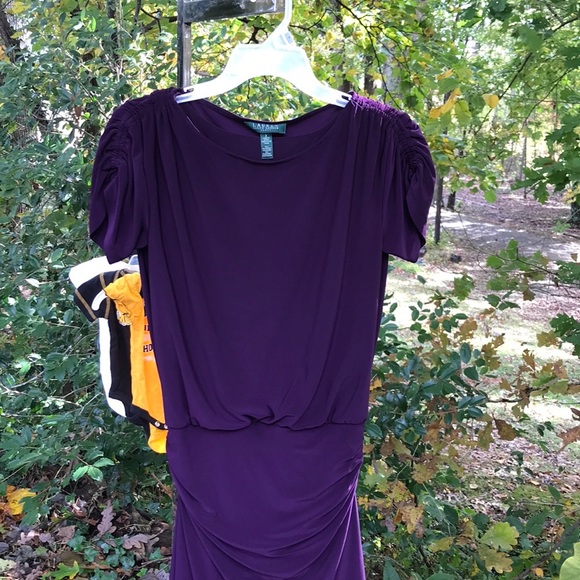 Lauren Ralph Lauren Fitted Fully Lined Ruched Gather Drop Waist Purple Dress 2 - Picture 7 of 16